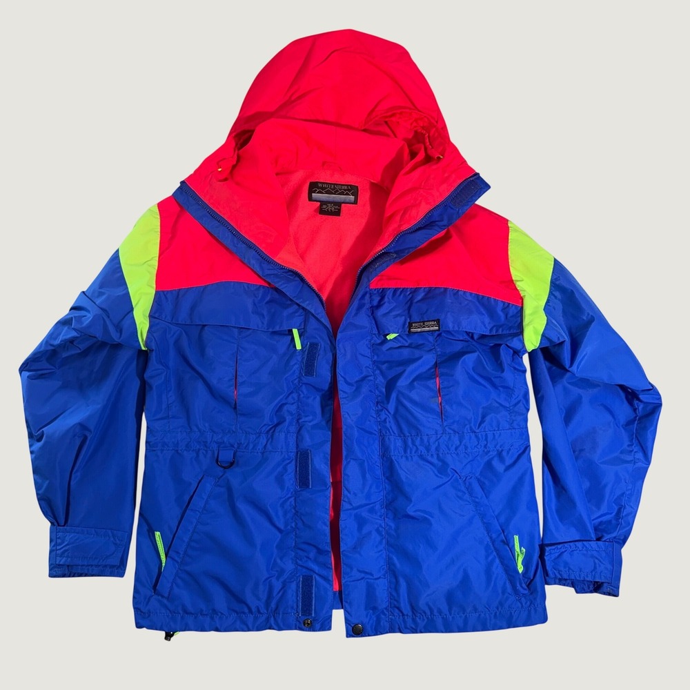 Vintage 1990's White Sierra Hooded Jacket Mens Small Blue Pink Neon Nylon